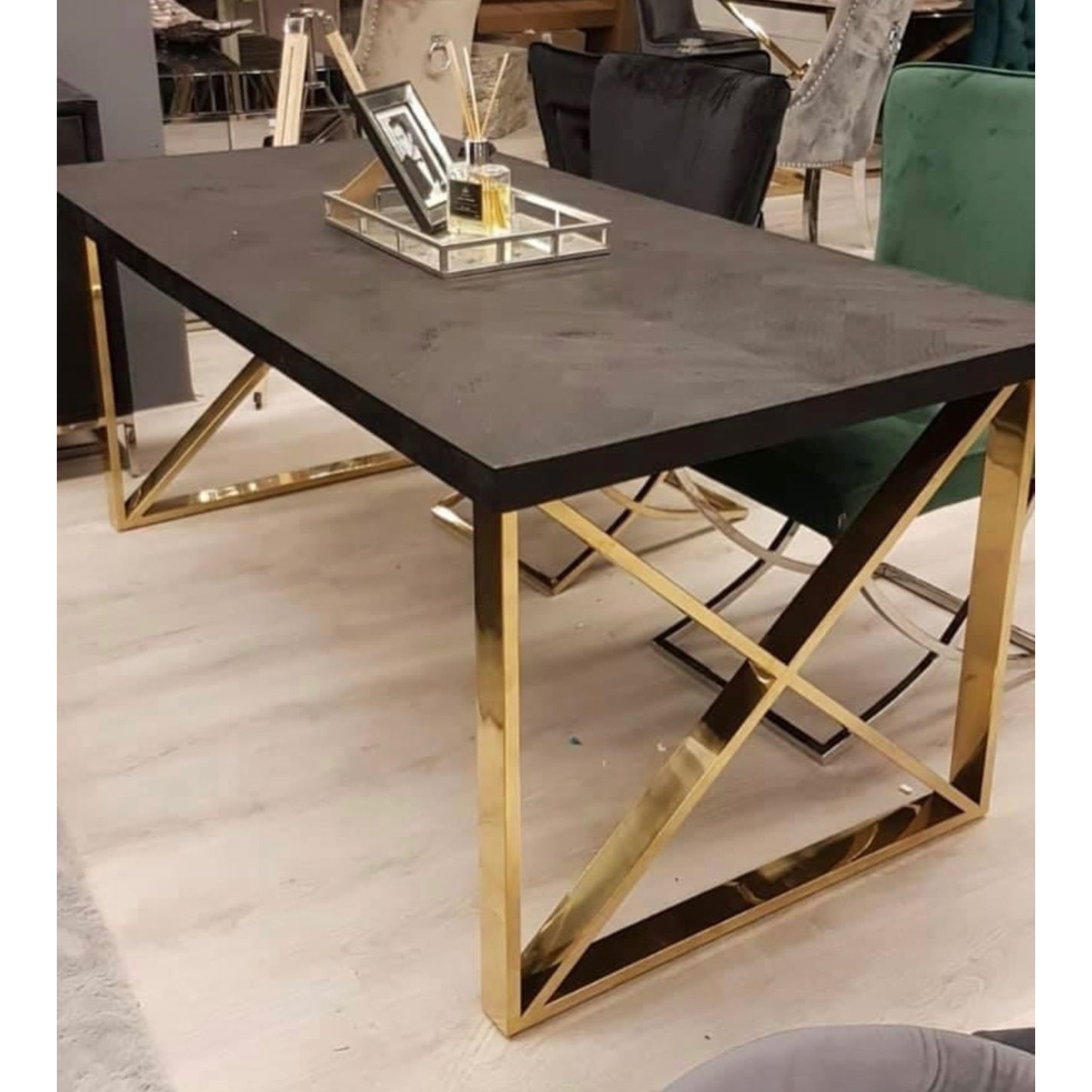 Eettafel Visgraat -  Black Bonito rechthoek gouden poot