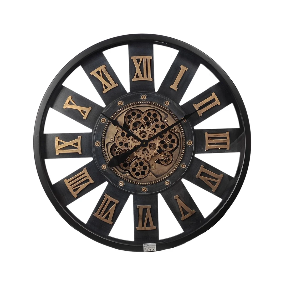 wandklok met draaiende tandwielen zwart/goud