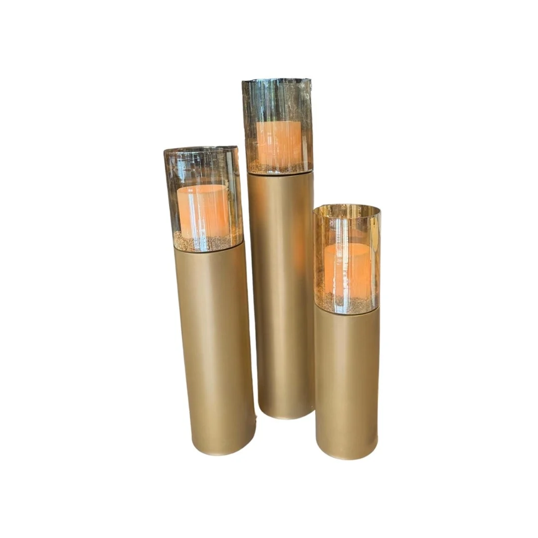 Windlicht op zuil set van 3 goud