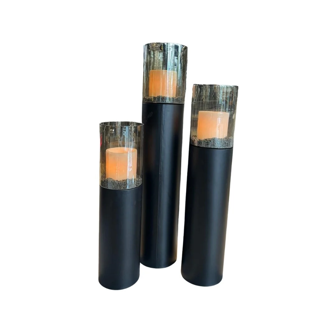 Windlicht op zuil set van 3 zwart