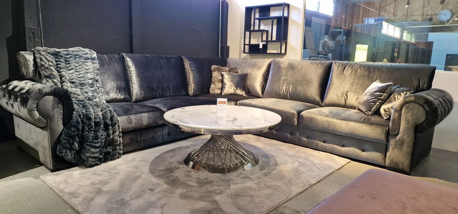 Hoekbank velvet met knopen chesterfield model Antraciet kemer