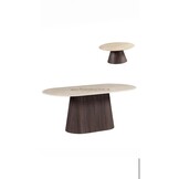 Japandi stijl organische eettafel en salontafel bruin