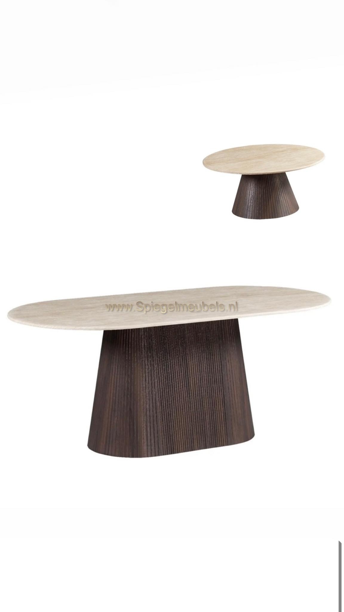 Japandi stijl organische eettafel en salontafel bruin