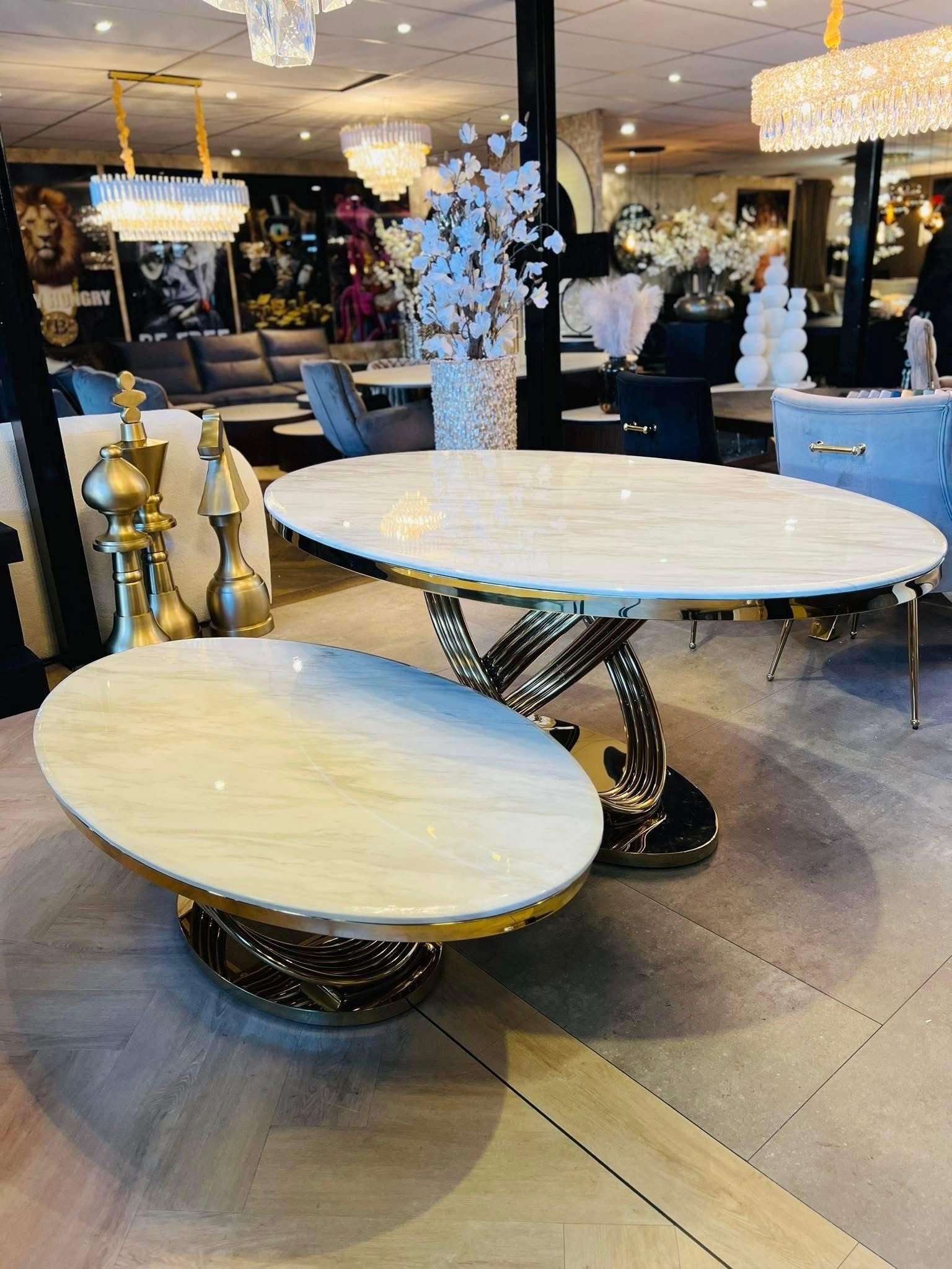 Eettafel en salontafel marmer ovaal