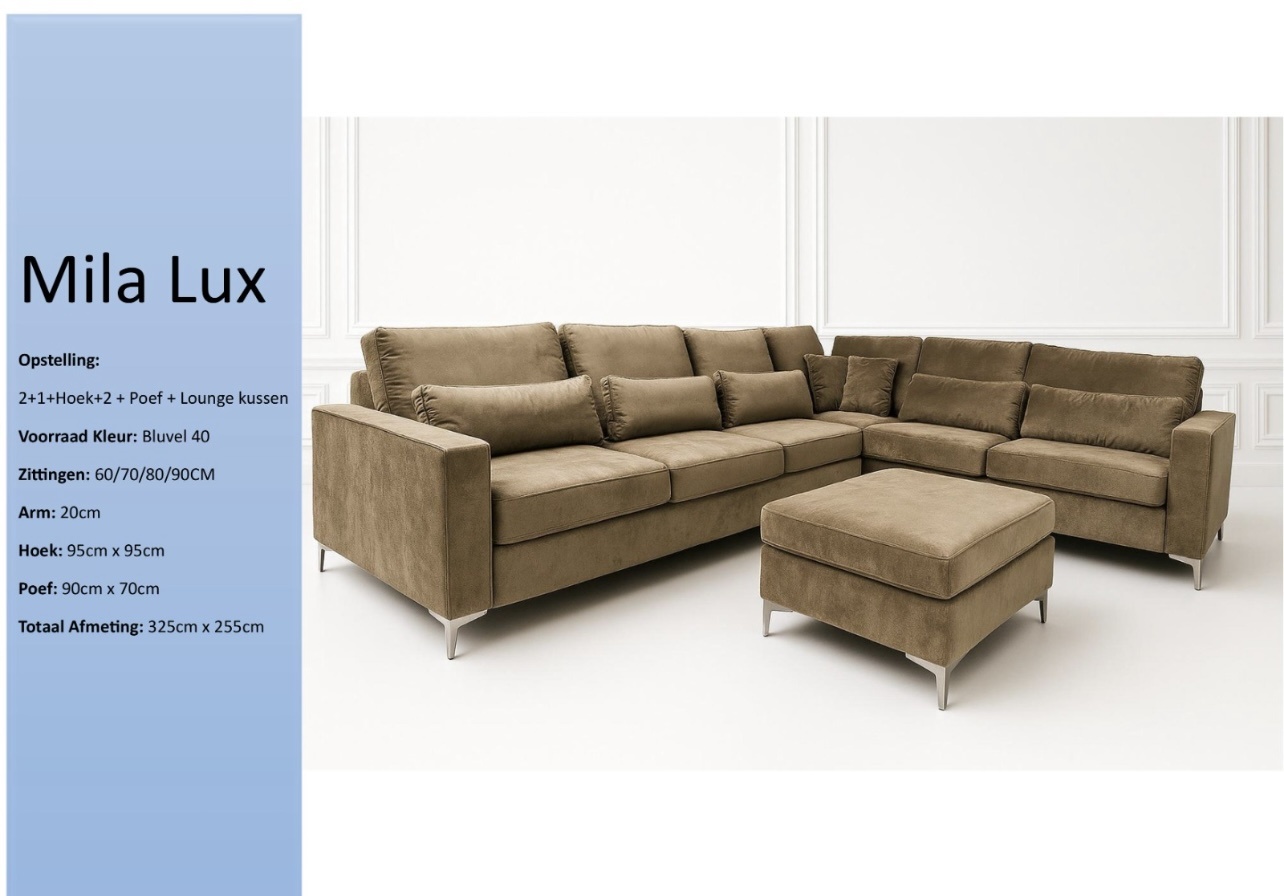Mila Lux Hoekbank  bruin met poef en extra lounge