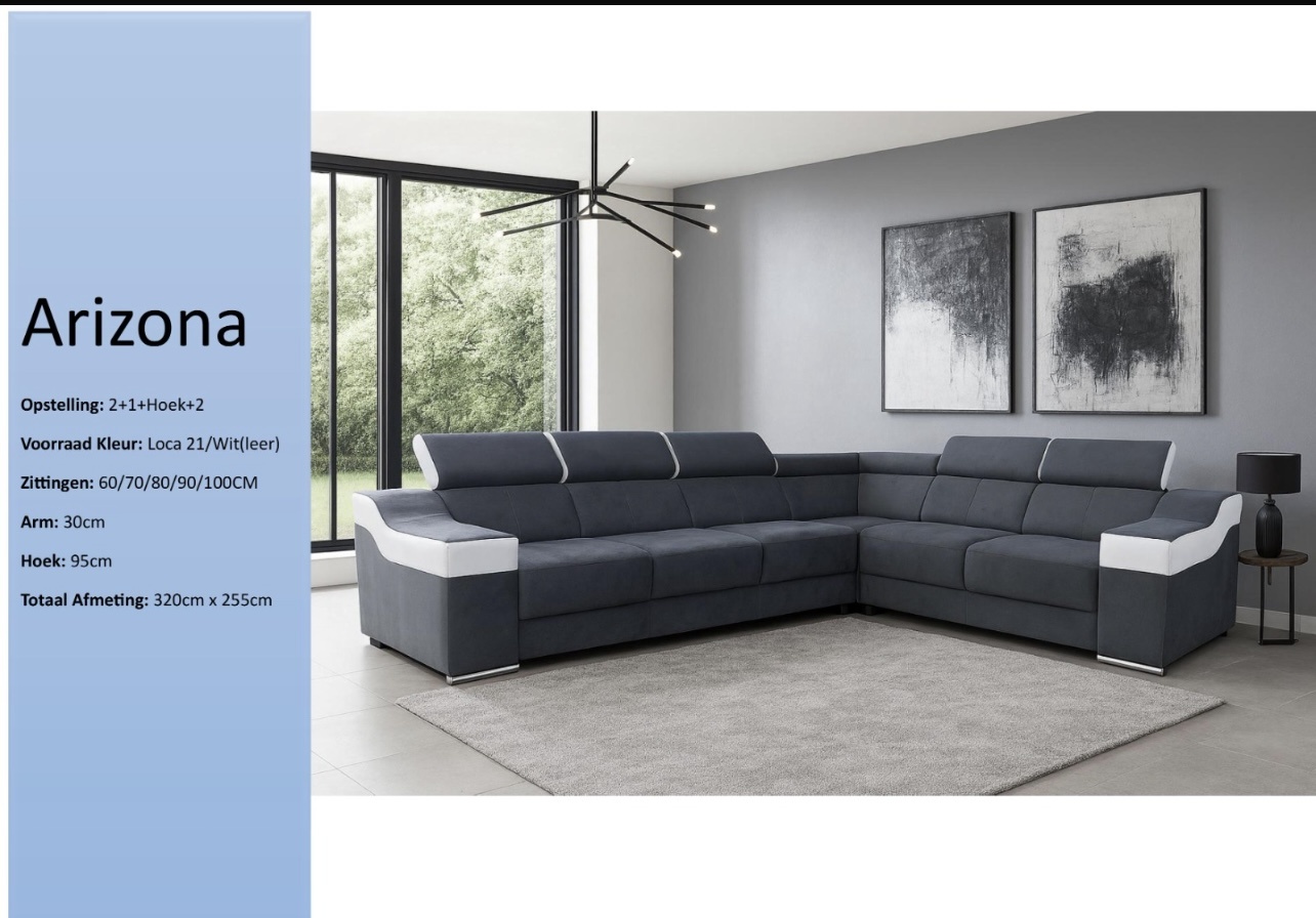 Hoekbank Arizona verstelbare hoofdsteunen antraciet/wit
