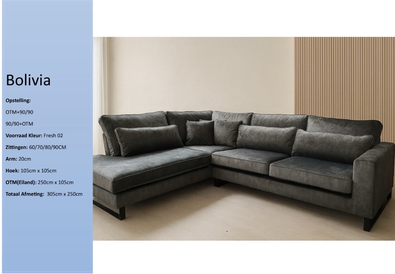 Hoekbank bolivia met hoge poten en extra kussen antraciet
