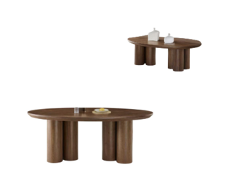 Royal ovaal bruin veneer plain eettafel en salontafel