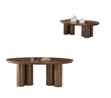 Royal ovaal bruin veneer plain eettafel en salontafel