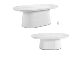 Ovale eettafel en salontafel keramiek blad