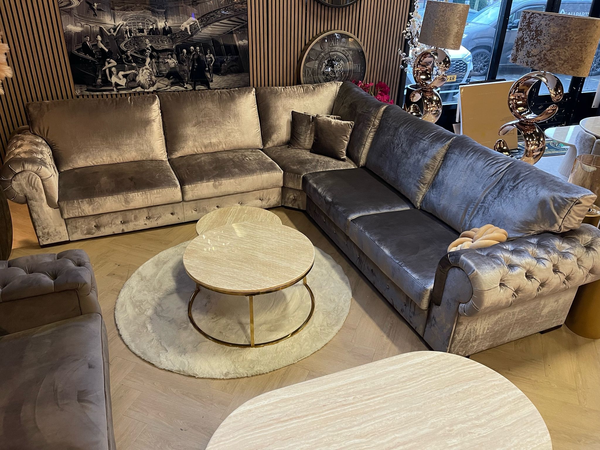 Hoekbank velvet met knopen chesterfield model