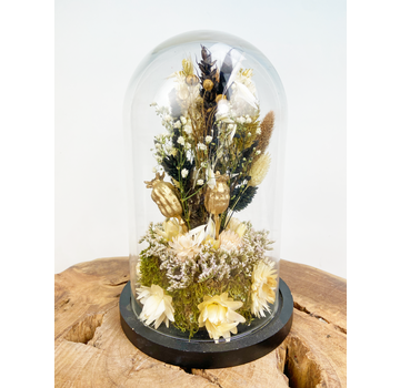 Droogbloemen in glazen stolp ''medium'' - gouden / zwarte bloemen