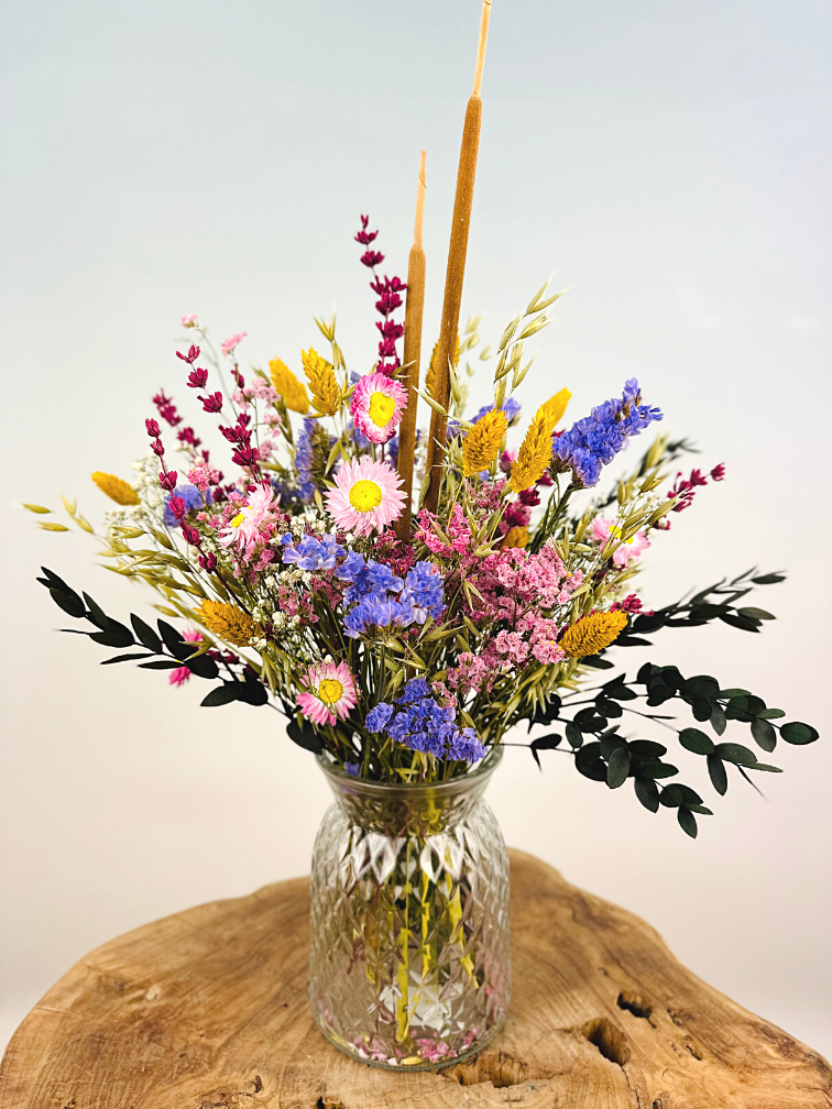 Droogbloemen boeket "The Happiness Bouquet" - inclusief transparante vaas | 35cm