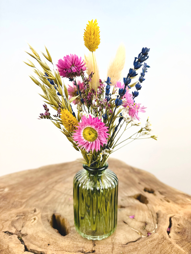 Droogbloemen in gekleurde vaasjes