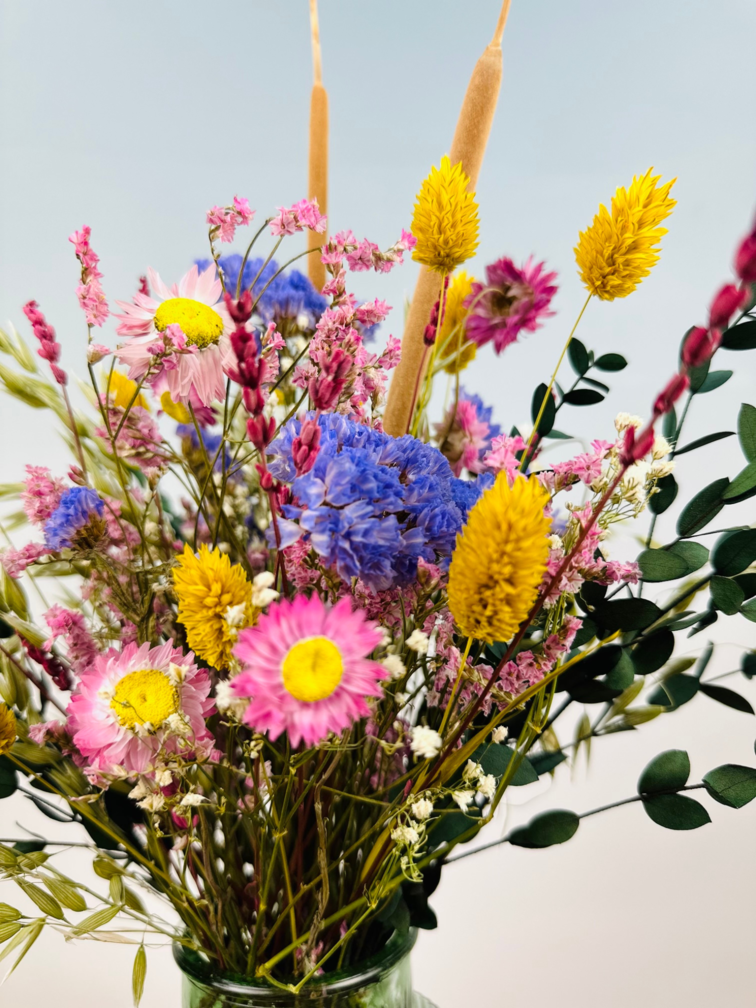 Droogbloemen boeket "The Happiness Bouquet" - inclusief blauwe vaas | 30cm