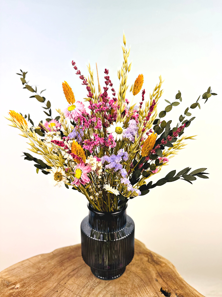 Droogbloemen boeket "The Happiness Bouquet" - inclusief blauwe vaas | 30cm