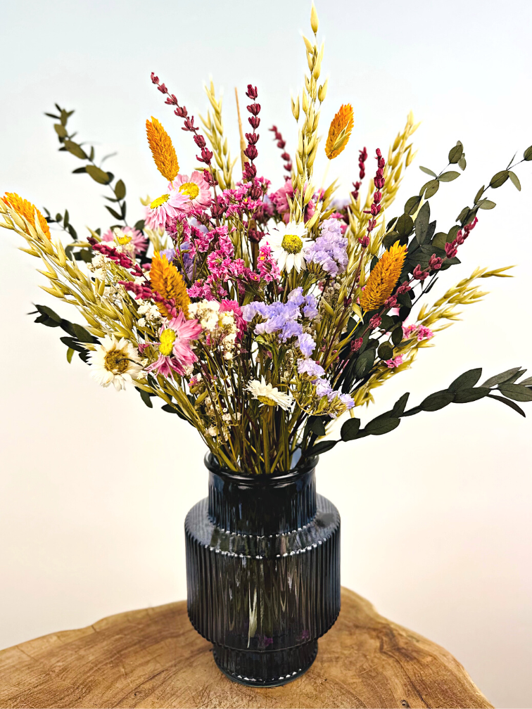 Droogbloemen boeket "The Happiness Bouquet" - inclusief blauwe vaas | 30cm