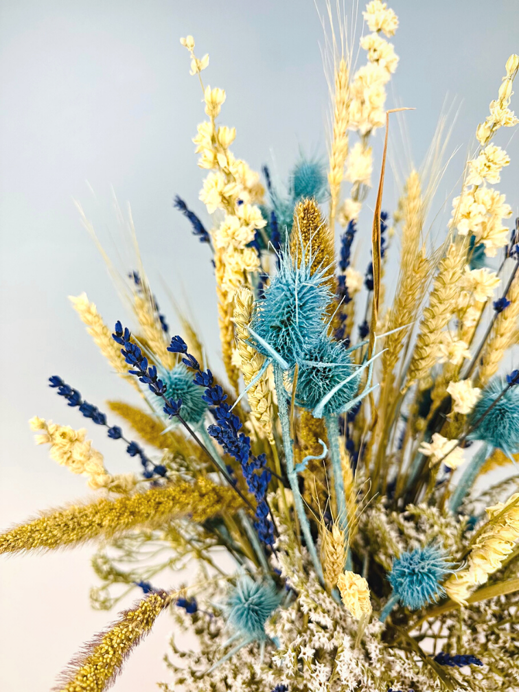 Droogbloemen boeket "Frozen Blue" - okergeel | 70cm