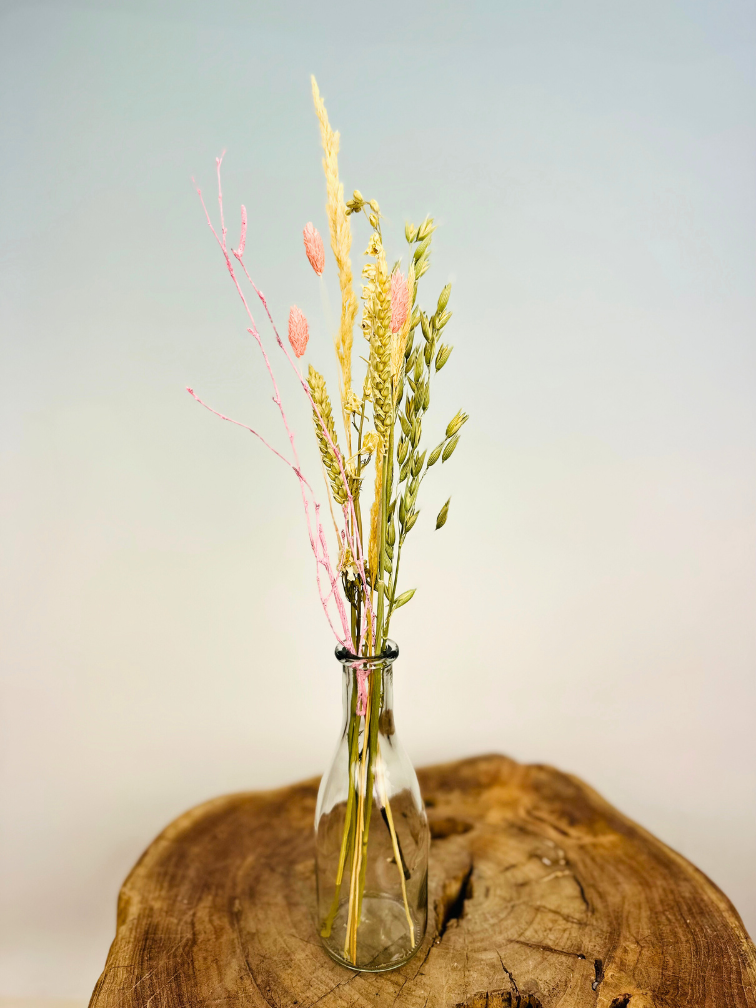 Flesjes met droogbloemen (drie kleuren)