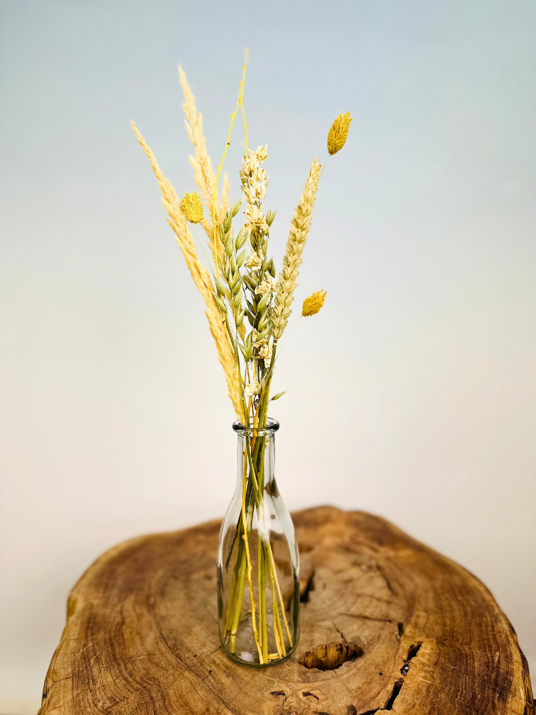 Flesjes met droogbloemen (drie kleuren)