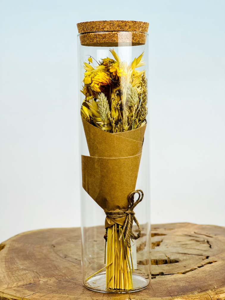 Tube met droogboeket "geel | 8x28,5cm