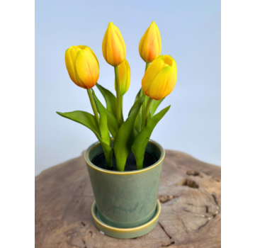 Kunst Tulpen - geel (incl. groene pot) | 30cm