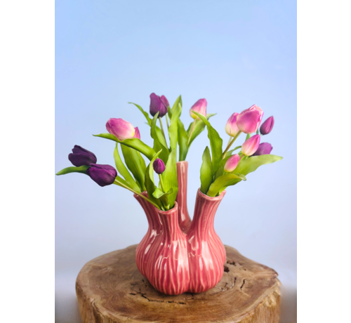 Kunstboeket "Paarse Tulpen" - incl. roze tulpenvaas | 45cm