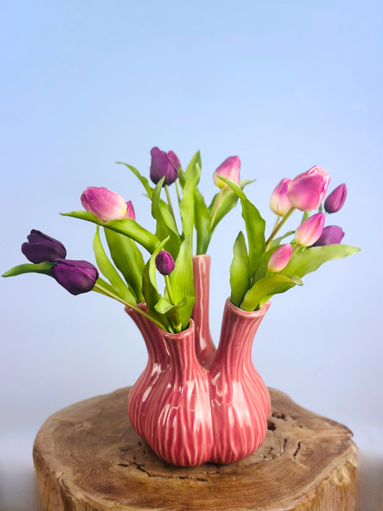 Kunstboeket "Paarse Tulpen" - incl. roze tulpenvaas | 45cm