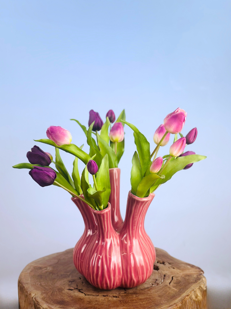 Kunstboeket "Paarse Tulpen" - incl. roze tulpenvaas | 45cm