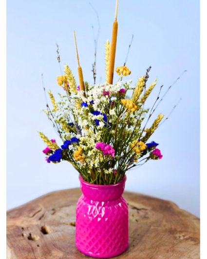 Droogboeket "Lorrie's Flowerfield" - inclusief vaas
