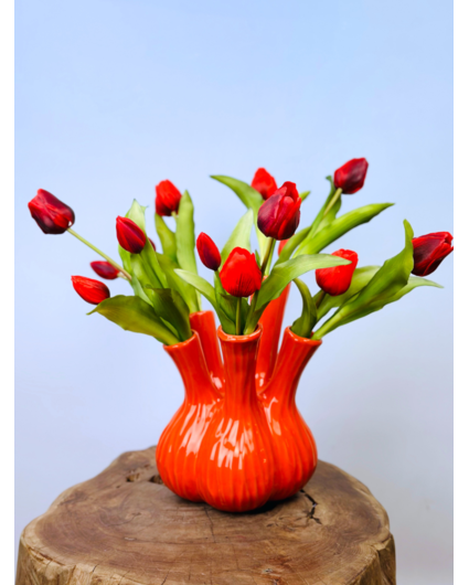 Kunstboeket "Rode Tulpen" - incl. oranje tulpenvaas | 45cm