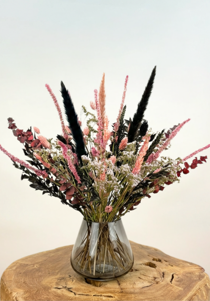 Droogbloemen boeket "Luxury Night" (Small) - inclusief smokey vaas | 35cm