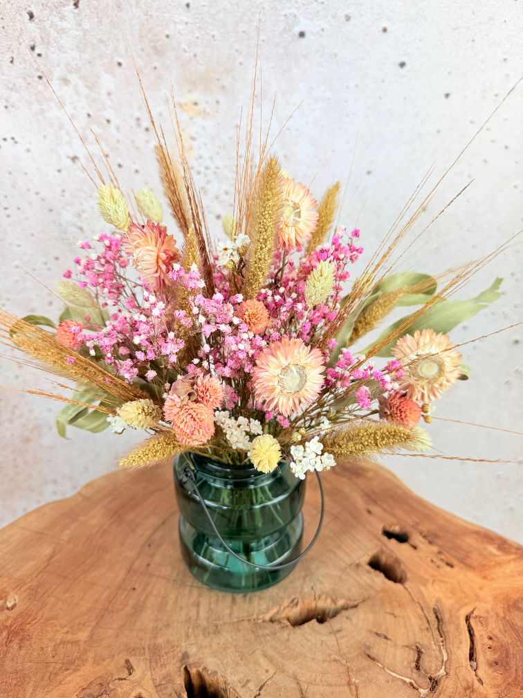 Mini-droogboeket 'Pink Bliss' - inclusief groene vaasje | 25cm