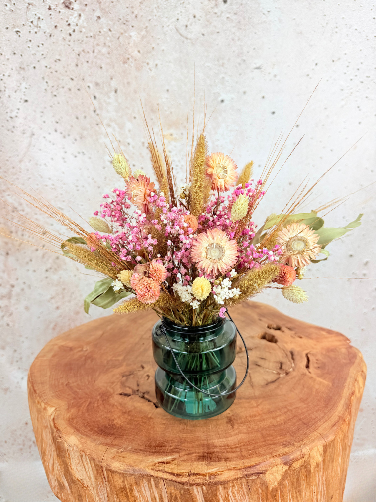 Mini-droogboeket 'Pink Bliss' - inclusief groene vaasje | 25cm