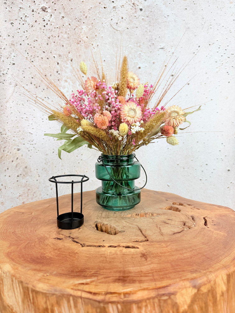 Mini-droogboeket 'Pink Bliss' - inclusief groene vaasje | 25cm