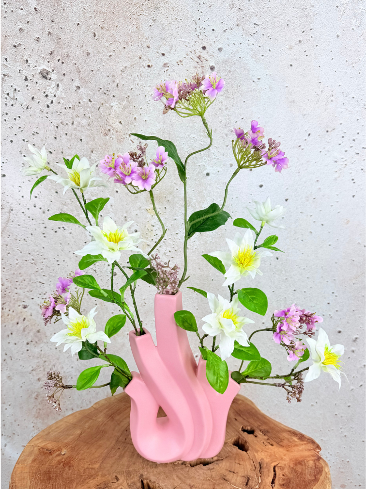 Zijden boeket ‘Veldboeket Roze’ met vaas