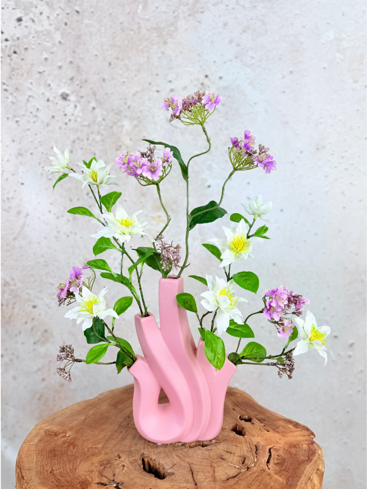Zijden boeket ‘Veldboeket Roze’ met vaas