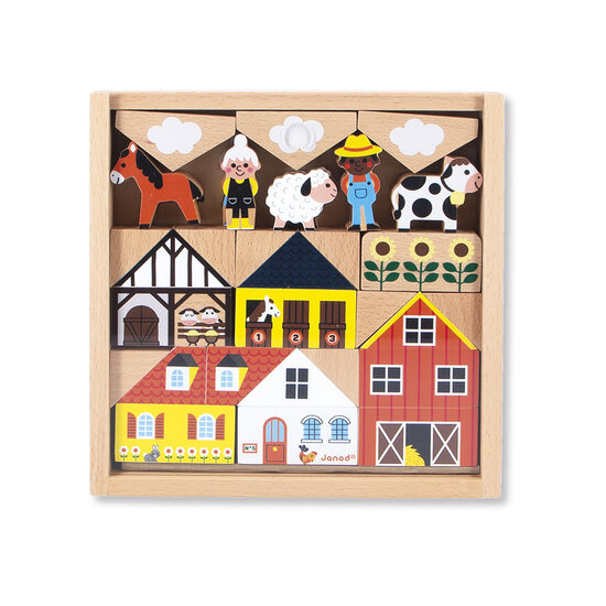 Janod speelgoed Janod | Cross Roads - Set de 34 cubes en bois Campagne