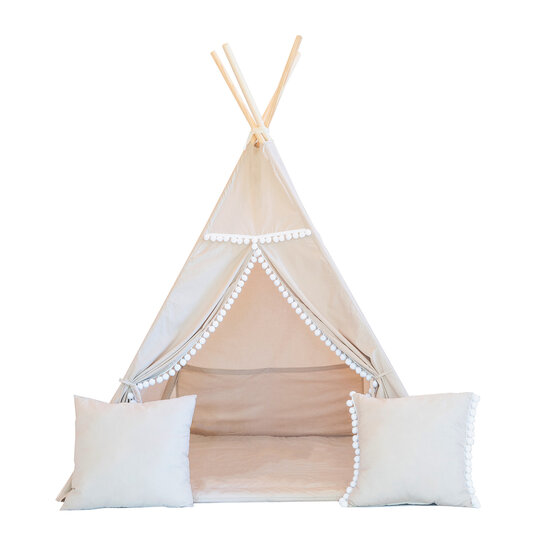 Moje Moje | Tente tipi en coton + 2 coussins et tapis de jeu - Latte