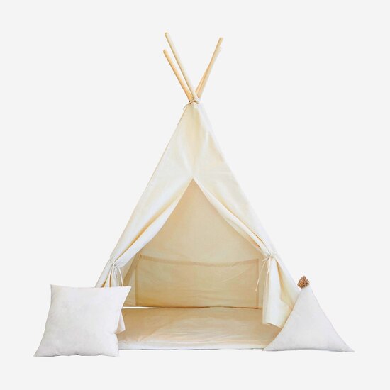 Moje Moje | Tente tipi en coton + 2 coussins et tapis de jeu - Crème