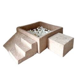 Moje | Velours doux 3 éléments + piscine à balles - Beige foncé 106 x 106 x 40 cm + 400 balles