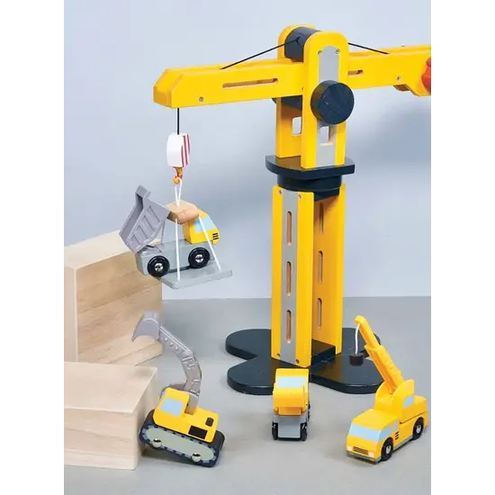 Mentari Mentari | Ensemble de jeu Grue avec 2 véhicules de chantier en bois