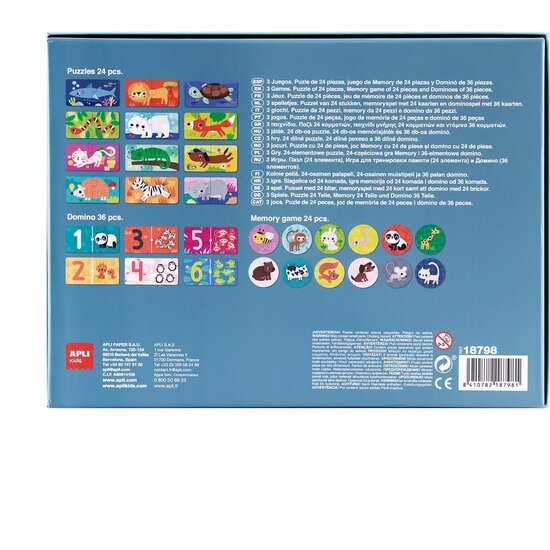 APLI APLI |  3 jeux d'animaux (Puzzle, Mémoire, Domino)