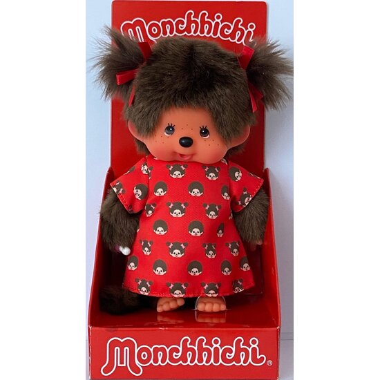 Monchhichi Monchhichi | Petite fille en robe rouge imprimée, 20 cm