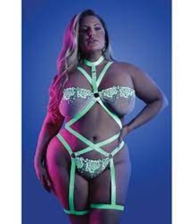 Night Vision Lace Body with Straps - Neon Lime and White