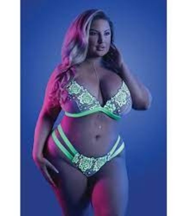 Night Vision Bralette and Cage Panty - Neon Green / White