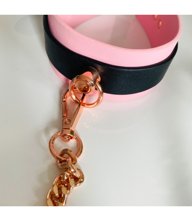 Kinky Diva – O-Ring Collar & Leash Pink/Black/Rose Gold