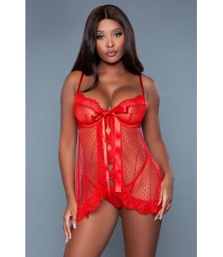 Be Wicked Emma Polka Dot Mesh Babydoll - Rood