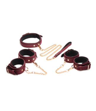 XR Brands 6-delige BDSM Suede Boeienset Met Collar En Riem - Bordeaux