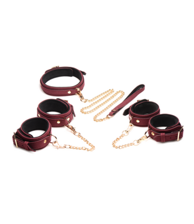 6-Piece Velvet Burgundy Bondage Set with Cuffs, Collar and Belt